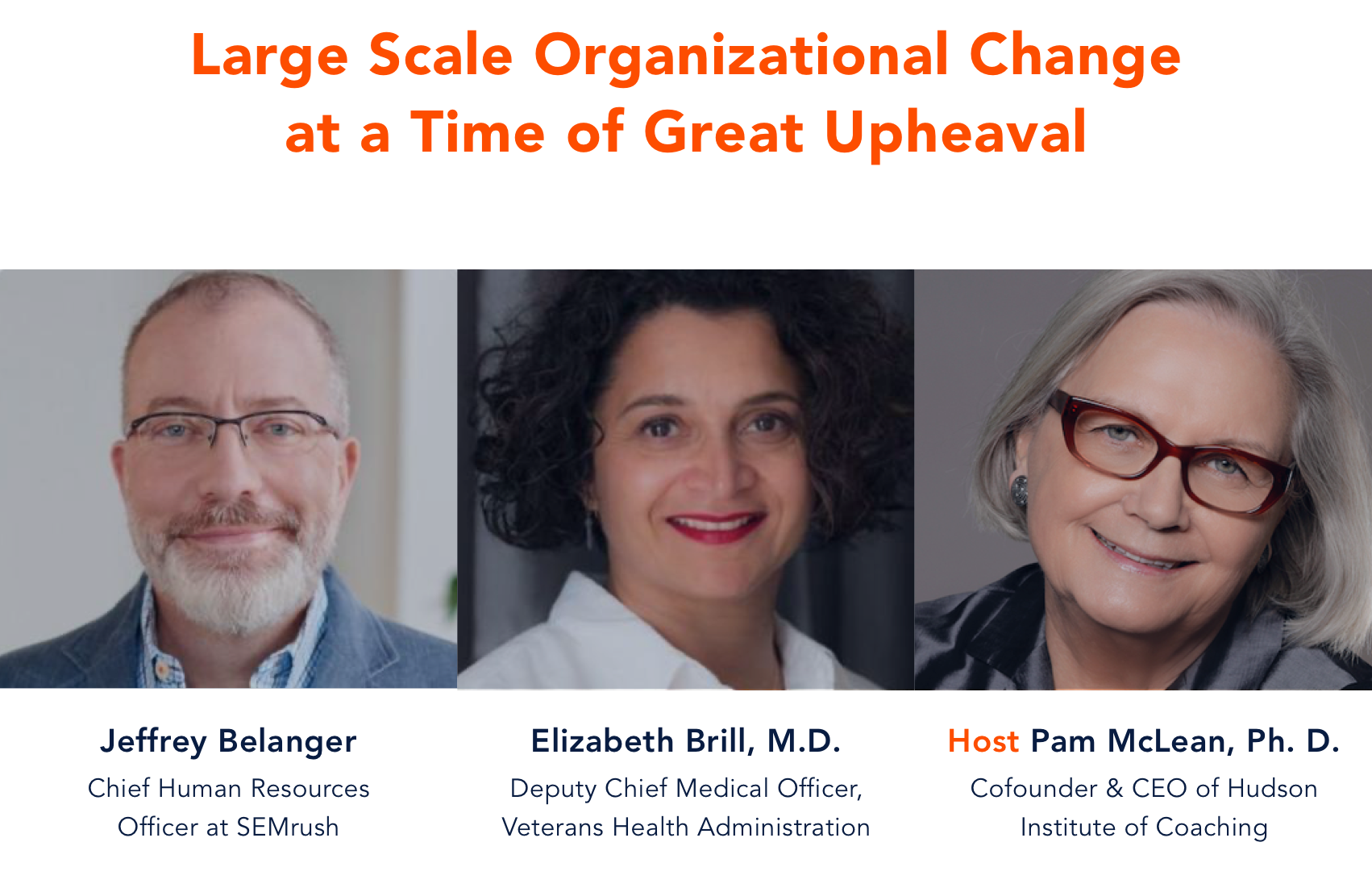 Text stating "Large-Scale Organizational Change at a Time of Great Upheaval" with pictures and captions of Jeffrey Belanger, Elizabeth Brill, M.D., and Pam McLean Ph.D