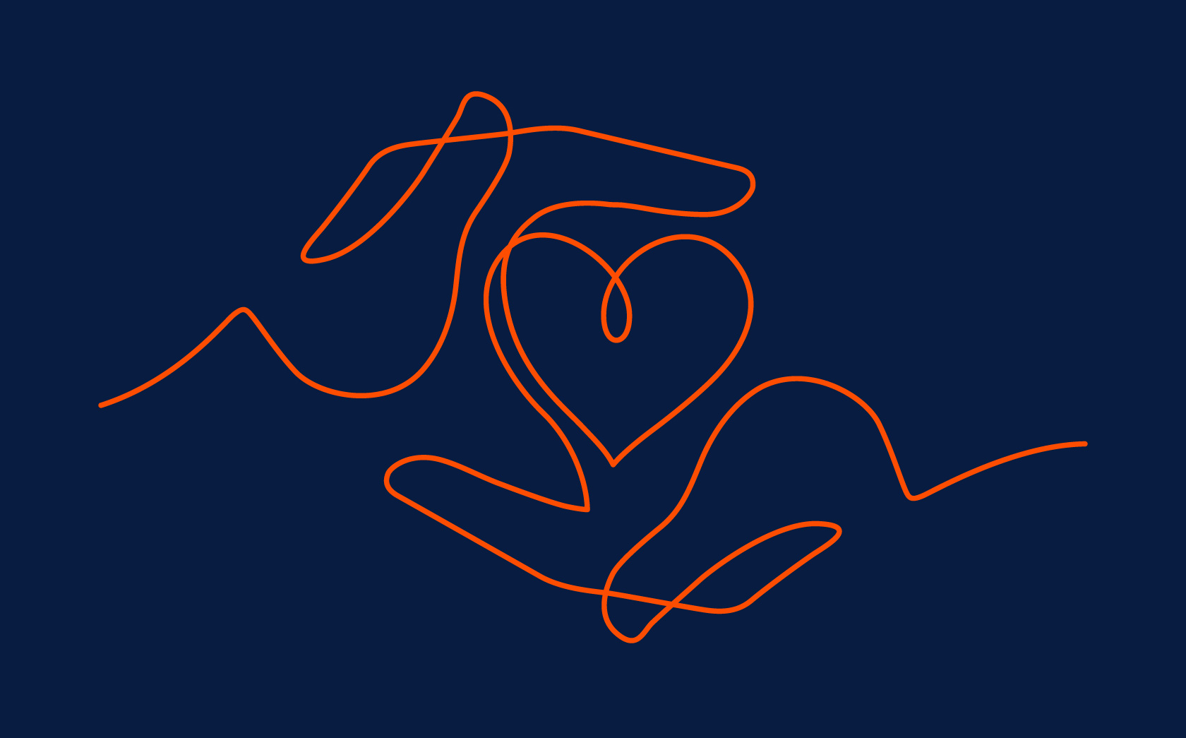 Continuous line drawing of hands holding a heart