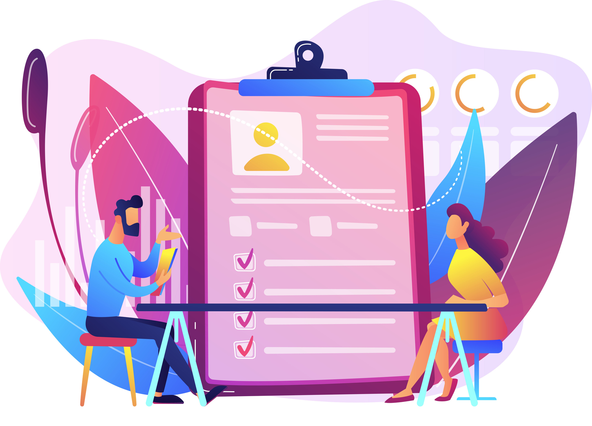 Illustration of a man and woman discussing an employee profile.