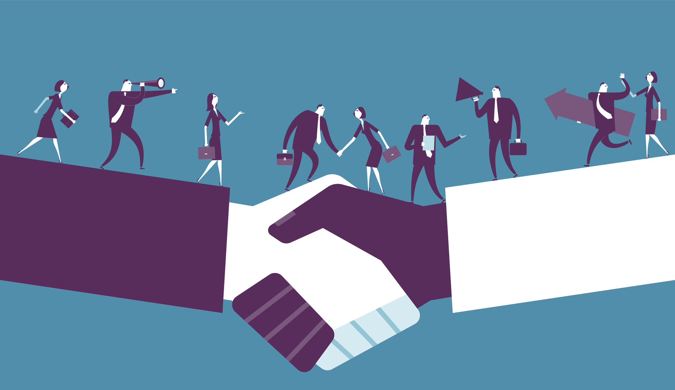 Professionals walking across hands shaking in agreement, demonstrating new opportunities and development. 